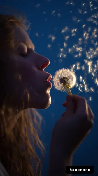 タンポポの綿毛を吹く少女
