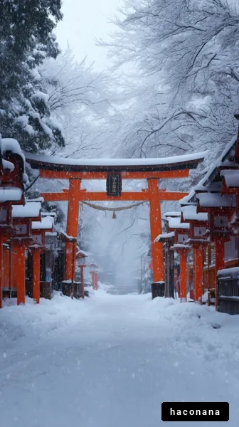 雪景色の鳥居と参道