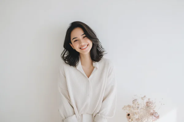 笑顔の若い女性とドライフラワー