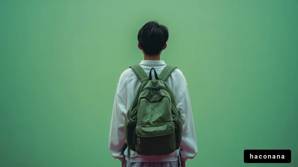 緑の壁の前に立つ学生