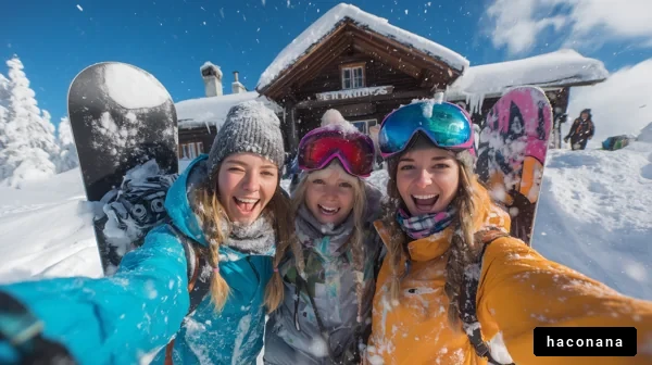 雪山で楽しむスノーボード女子たち