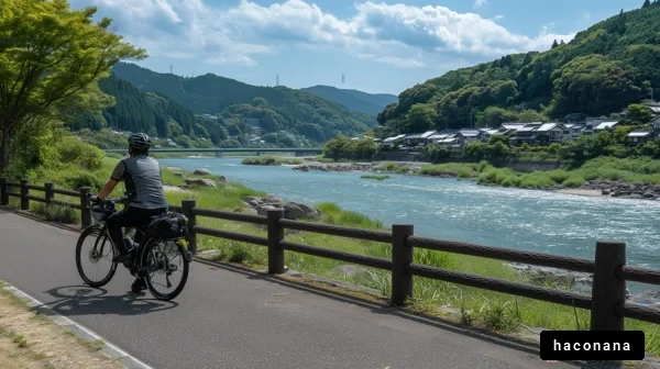 川沿いを自転車で走る風景