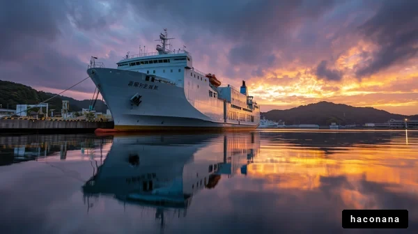 港に停泊する船の夕焼け
