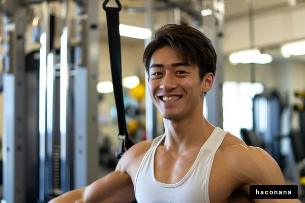 フィットネスで笑顔の若者