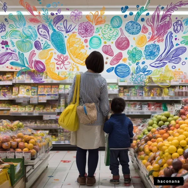 カラフルな果物と親子の買い物