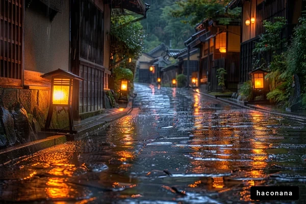 雨の中の静かな街並み