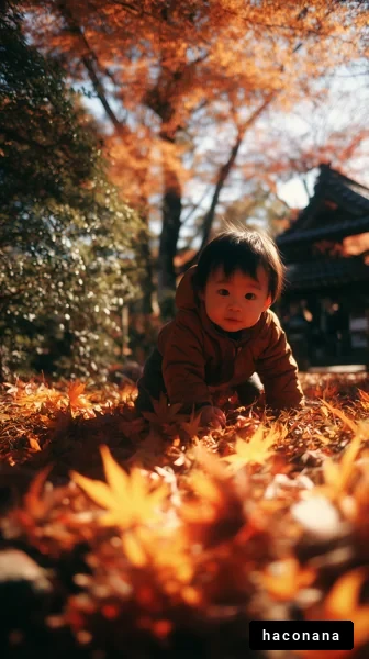 秋の景色で遊ぶ子供