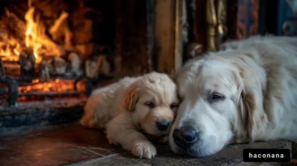 暖かい暖炉の犬たち