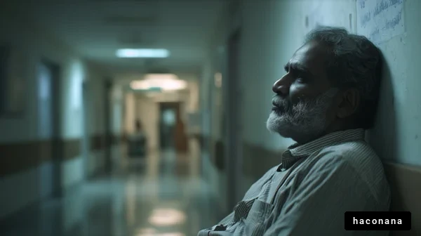 病院の廊下に座った男性