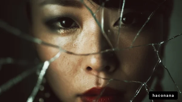 鏡の破片と女性の表情