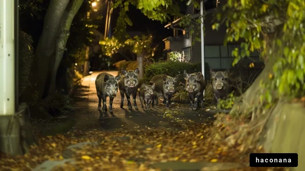 夜の街を歩くイノシシたち