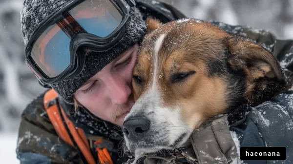 雪の中で犬を抱きしめる