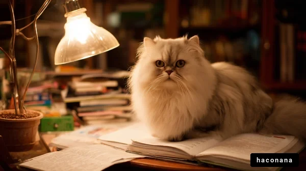 照明の下で読書する猫