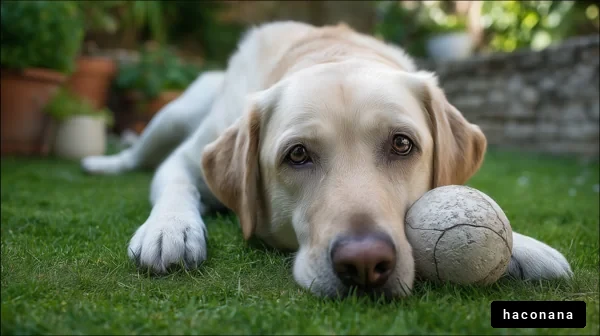 玉のそばで休む犬