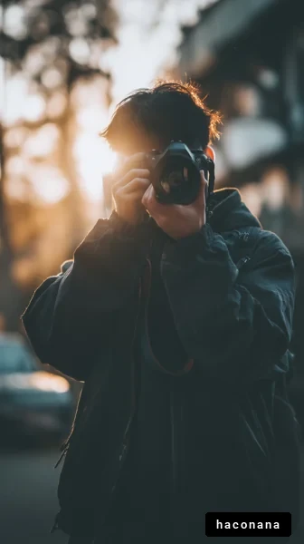 夕暮れの街角で写真撮影