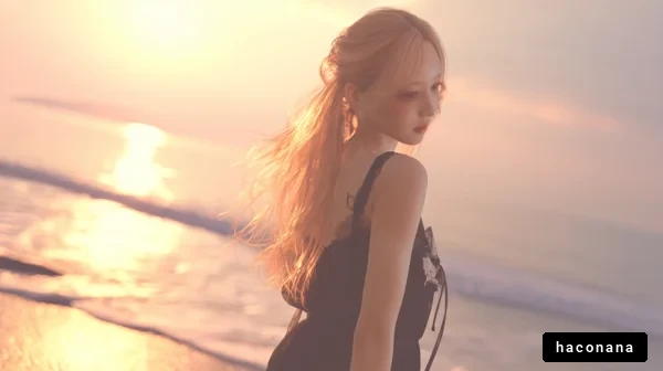 海辺の夕暮れ女性