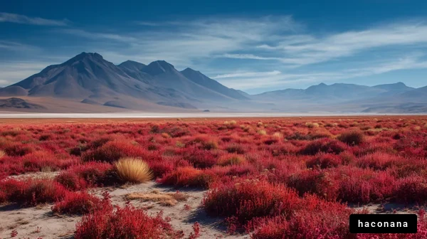 鮮やかな赤と山々の風景