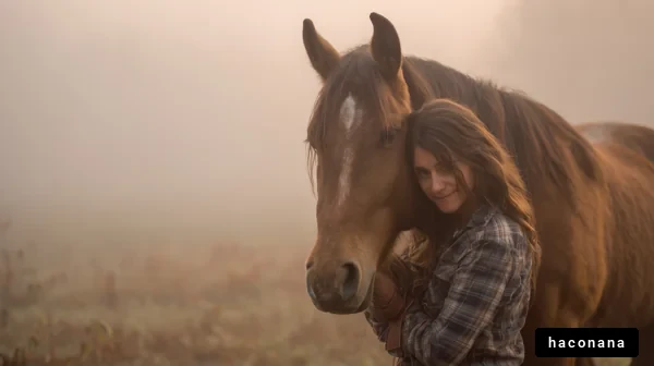 霧の中の馬と女性