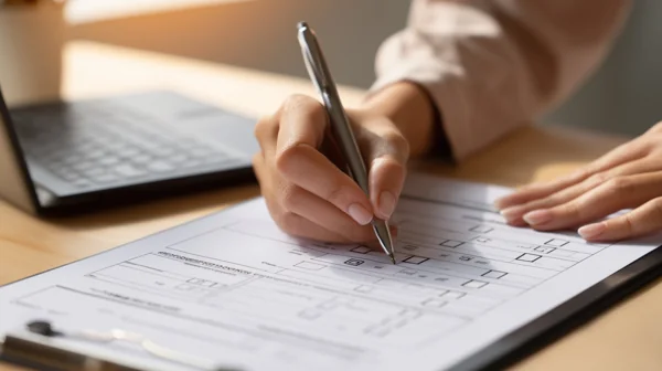 書類に記入する人物のクローズアップ