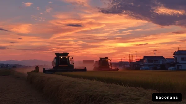夕空を背景にした稲刈り