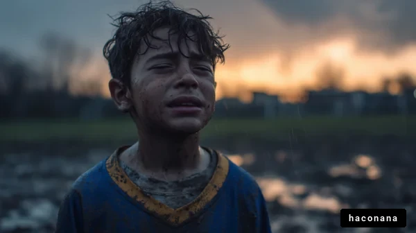 雨の中の少年の涙