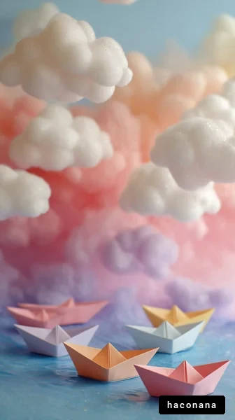 カラフルな紙の船と雲