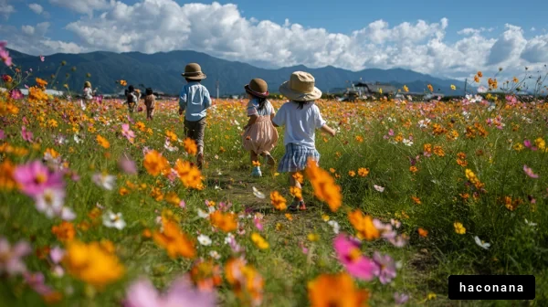 花畑を歩く子供たち