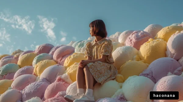 アイスクリームの山に座る少女