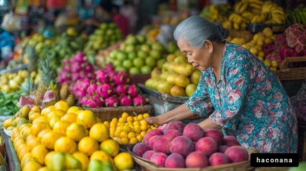 市場で果物を選ぶ女性