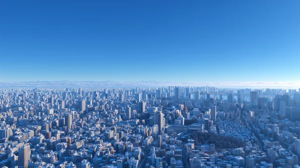 青空広がる大都市の俯瞰風景