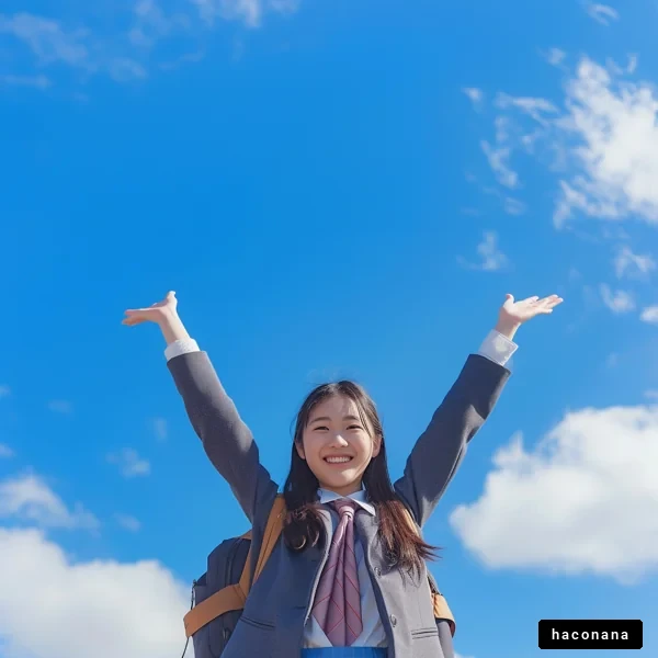 青空の下で喜ぶ学生