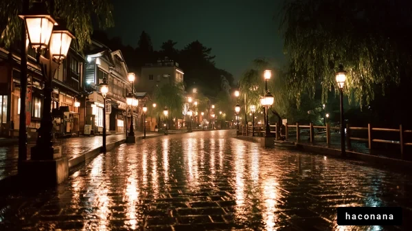 雨の夜の街並み