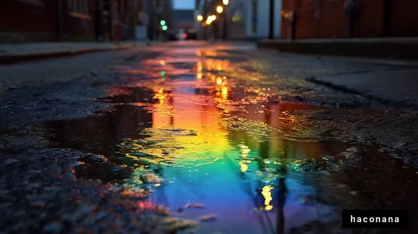 街の水たまりに映る虹色