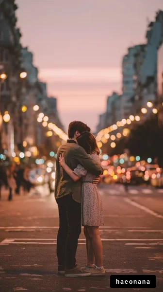 夕暮れの街中で抱き合う二人