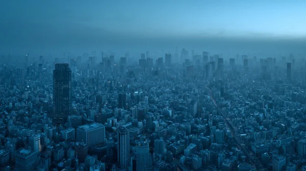 青いもやに包まれた大都市の空撮