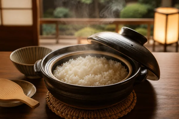 土鍋で炊いた白米の湯気