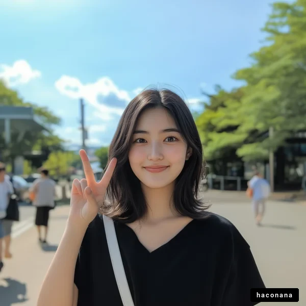 明るい街中での微笑み