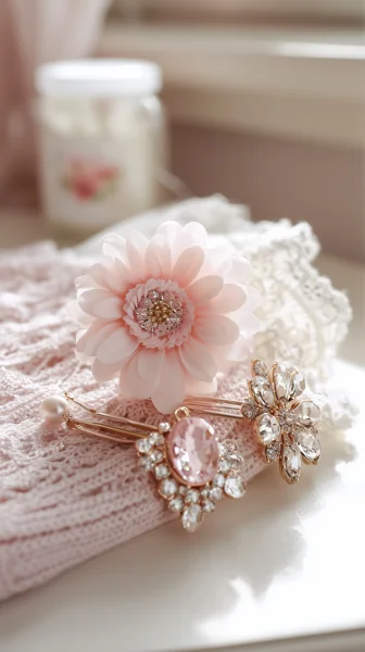 ピンク花モチーフのヘアアクセサリー