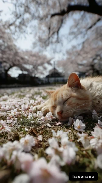 桜の花びらの上で眠る猫
