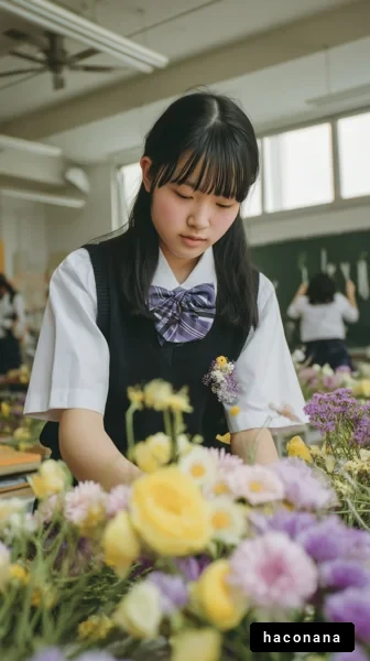 花を生ける学生の姿
