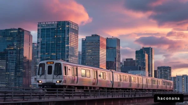 都市の夕暮れを走る電車