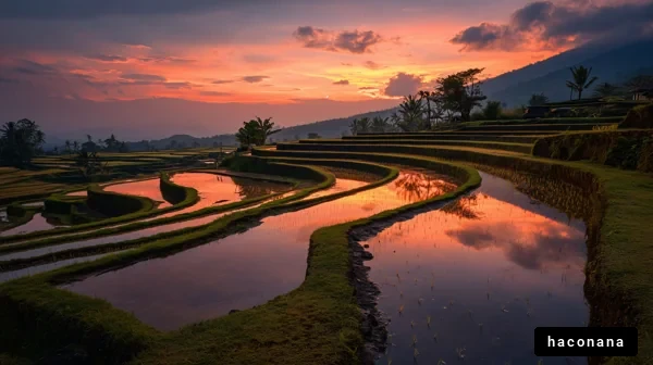 稲田の夕焼け風景