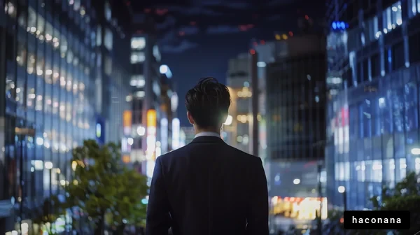 夜の街を見つめるビジネスマン