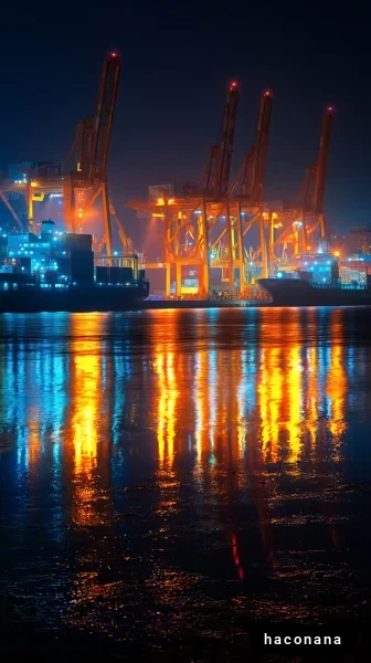 夜の港とクレーン