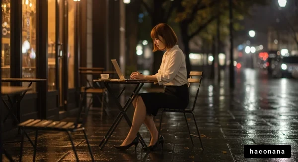 夜のカフェで仕事をする女性