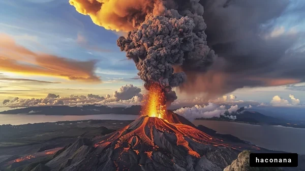 火山の爆発と夕焼けのコントラスト