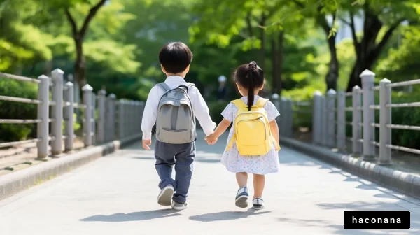 子どもたちの手をつないで