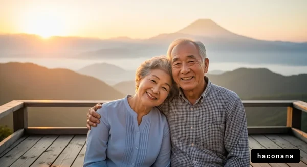 山の上で微笑む高齢者夫婦