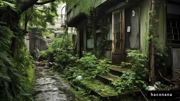 緑に覆われた廃屋の小道