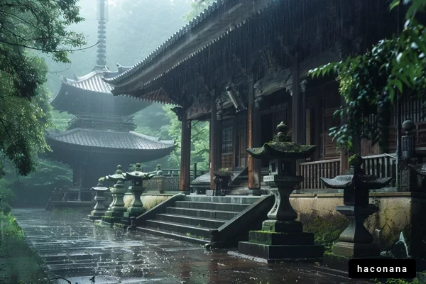 静かな雨の寺院風景